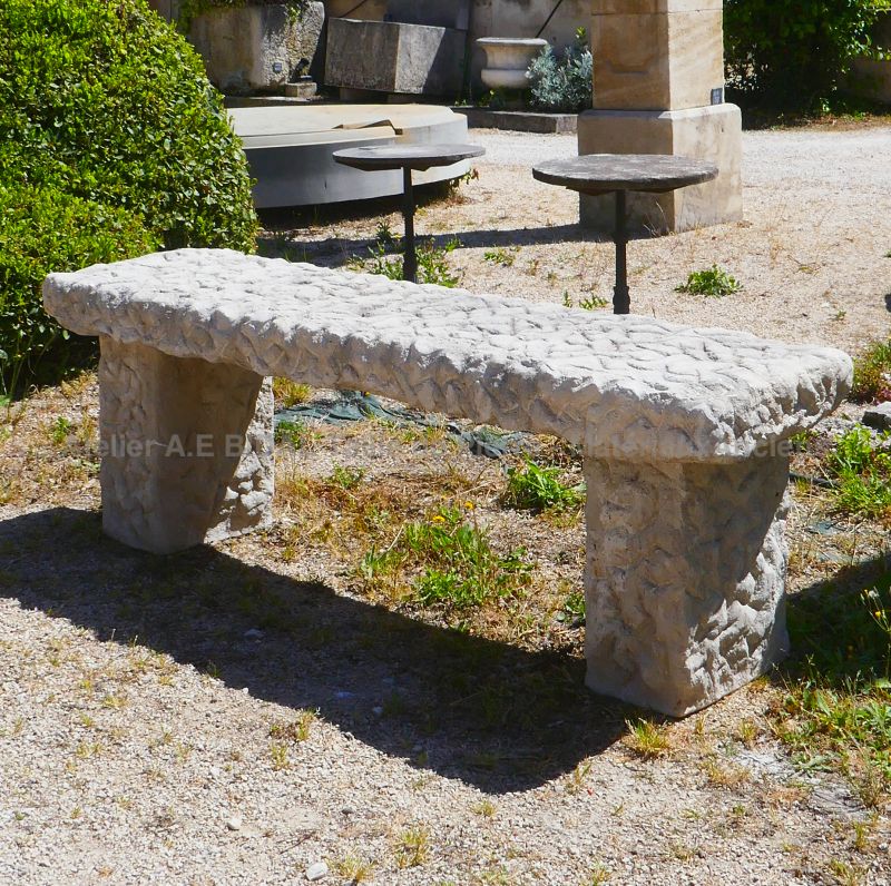 Limestone garden bench designed and hand-crafted in Provence by Atelier Alain Bidal