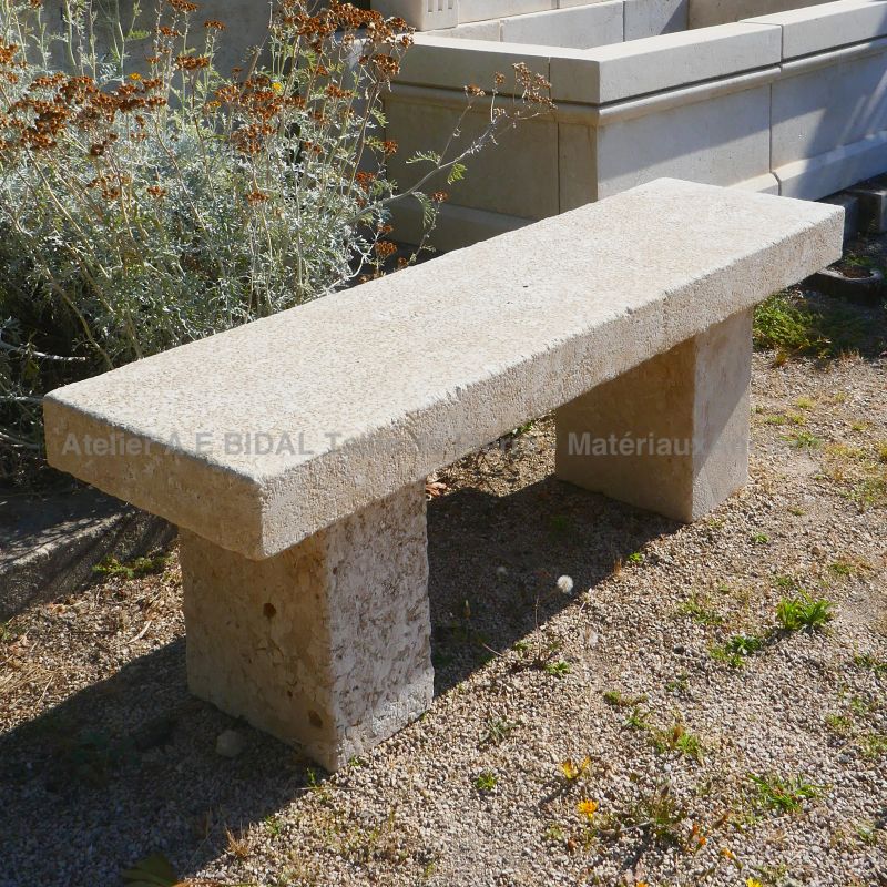 Rustic-looking stone bench : long garden bench for sale at Atelier Alain BIDAL (Provence)