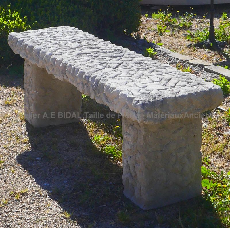 Garden furniture in stone : Long frost-resistant stone bench by Atelier Alain Bidal (Provence)