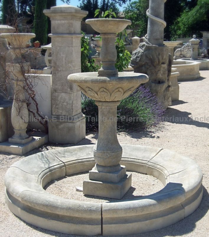 French limestone central fountain carved by our stone-mason Alain Bidal - Provence.