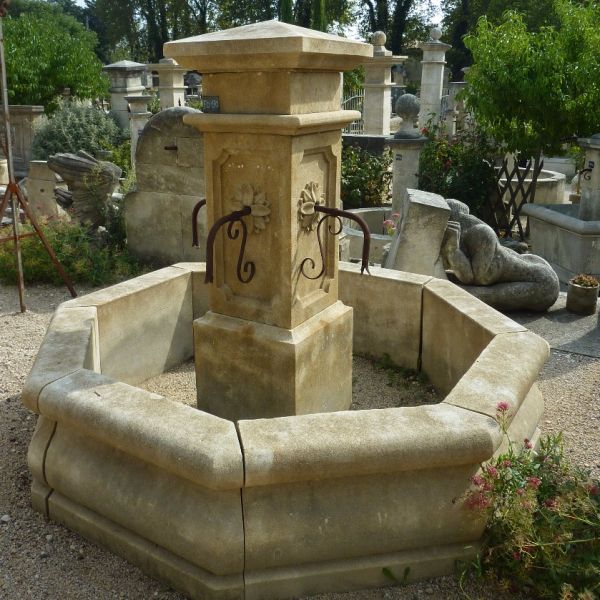 Garden fountain with large basin in carved limestone - Fountain crafted in a quality natural French stone by Alain BIDAL